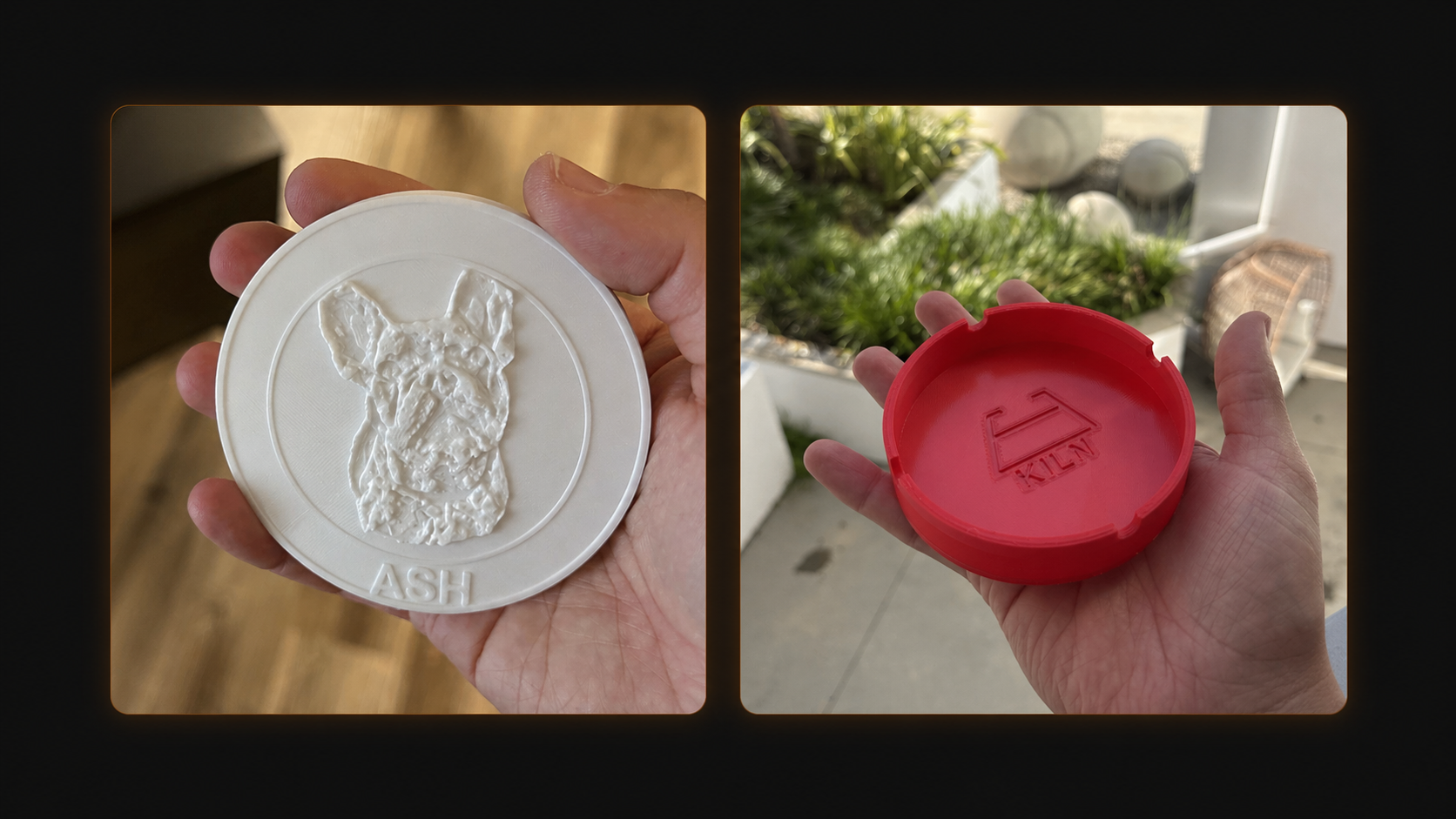 Two printed objects made with Kiln